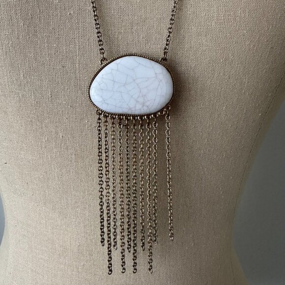 White Stone Pendant Necklace – Boho Fringe Design - Picture 2 of 2